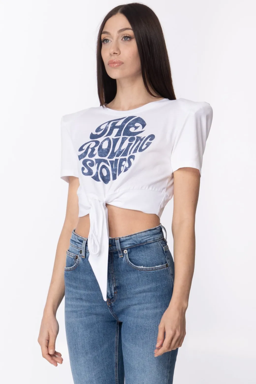 Aniye By Crop T-shirt con Nodo e Scritta RollingWHITE