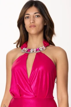 Dramèe Abito Laminato con Applicazione CastoniFUCSIA