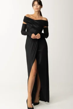 Dramèe Abito Lungo con Manicotti e Inserti DrappeggiatiNERO