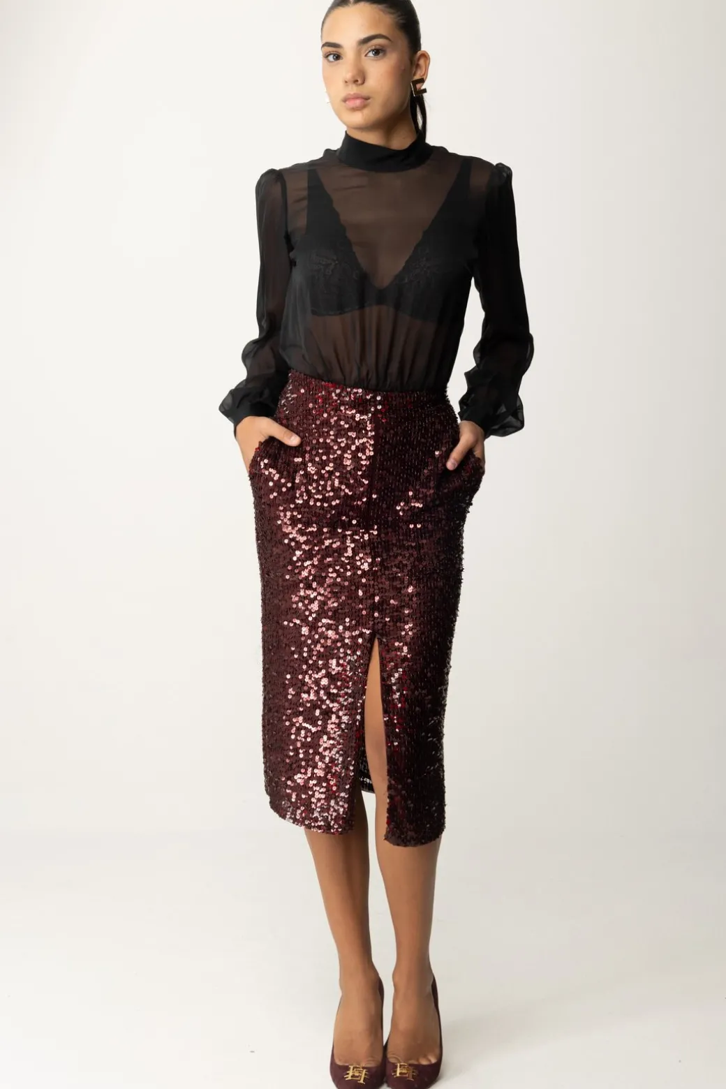 Elisabetta Franchi Abito Midi In Georgette Di Seta Ricamata con PaillettesNERO/ROUGE NOIR