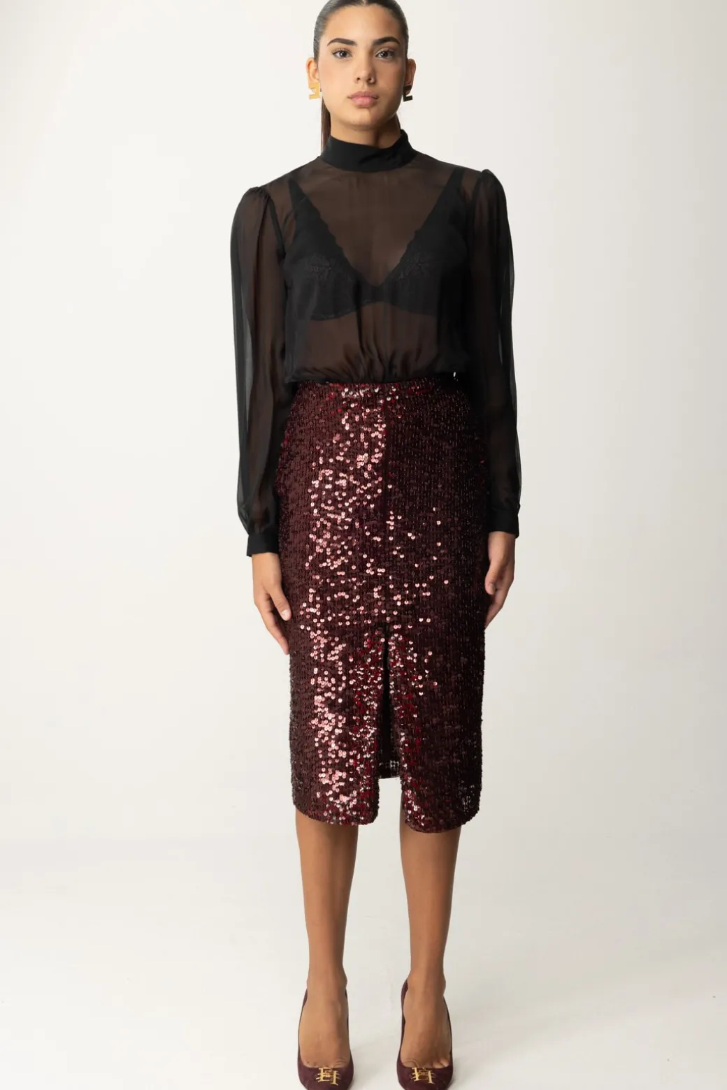 Elisabetta Franchi Abito Midi In Georgette Di Seta Ricamata con PaillettesNERO/ROUGE NOIR