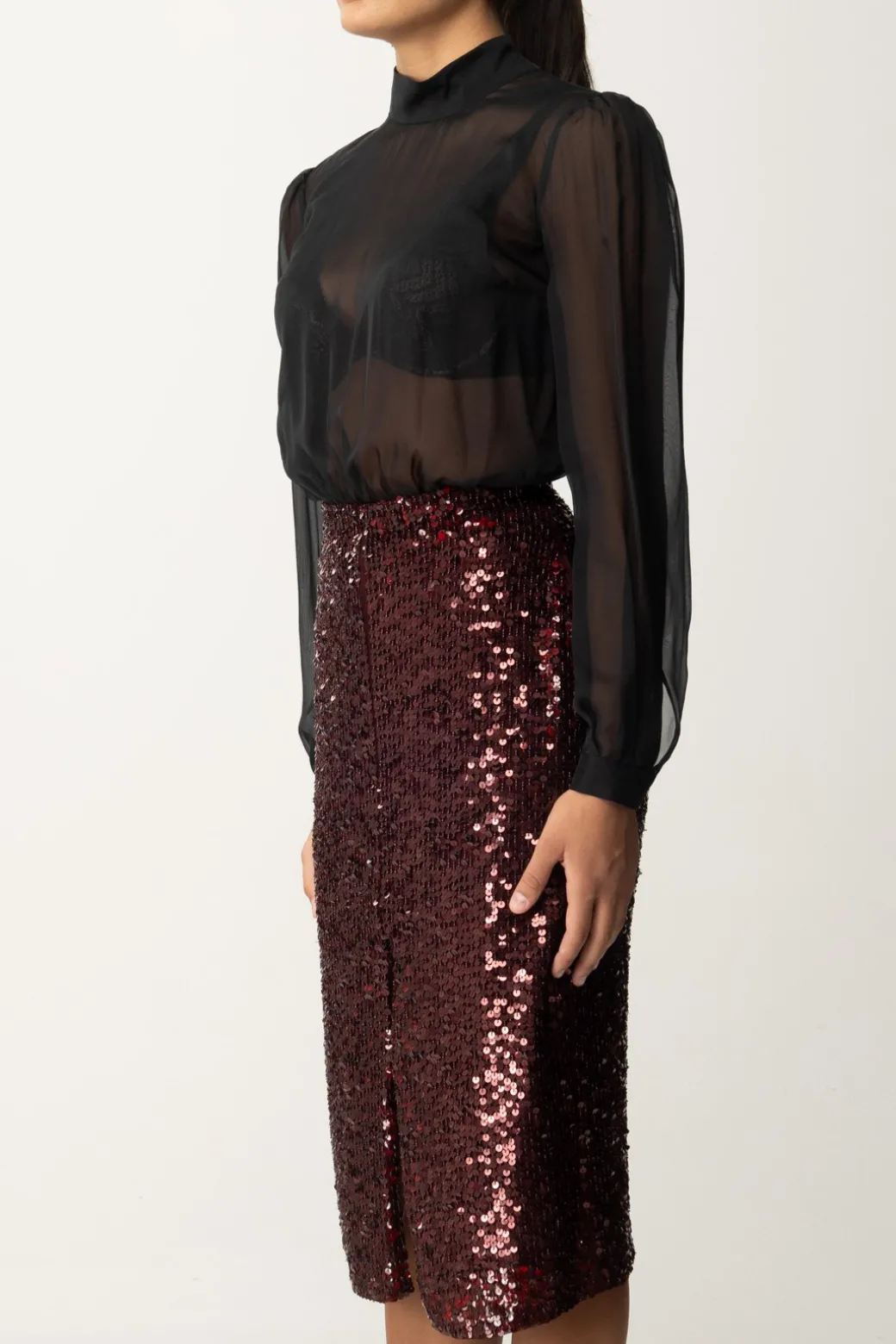 Elisabetta Franchi Abito Midi In Georgette Di Seta Ricamata con PaillettesNERO/ROUGE NOIR