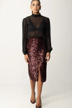 Elisabetta Franchi Abito Midi In Georgette Di Seta Ricamata con PaillettesNERO/ROUGE NOIR