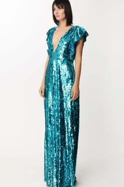Elisabetta Franchi Abito Lungo con Paillettes e VolantPAVONE