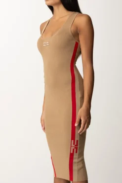 Elisabetta Franchi Abito Midi In Viscosa con Bande LogoCAMEL/RED PASSION