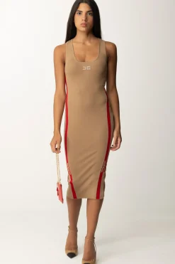 Elisabetta Franchi Abito Midi In Viscosa con Bande LogoCAMEL/RED PASSION