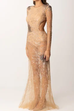 Elisabetta Franchi Abito Red Carpet In Tulle Ricamato con Cut-outSTEEL