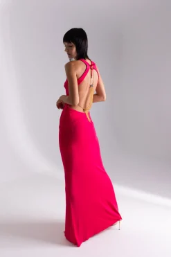 Elisabetta Franchi Abito Red Carpet con Scollo e Gioiello Sul RetroFUXIA