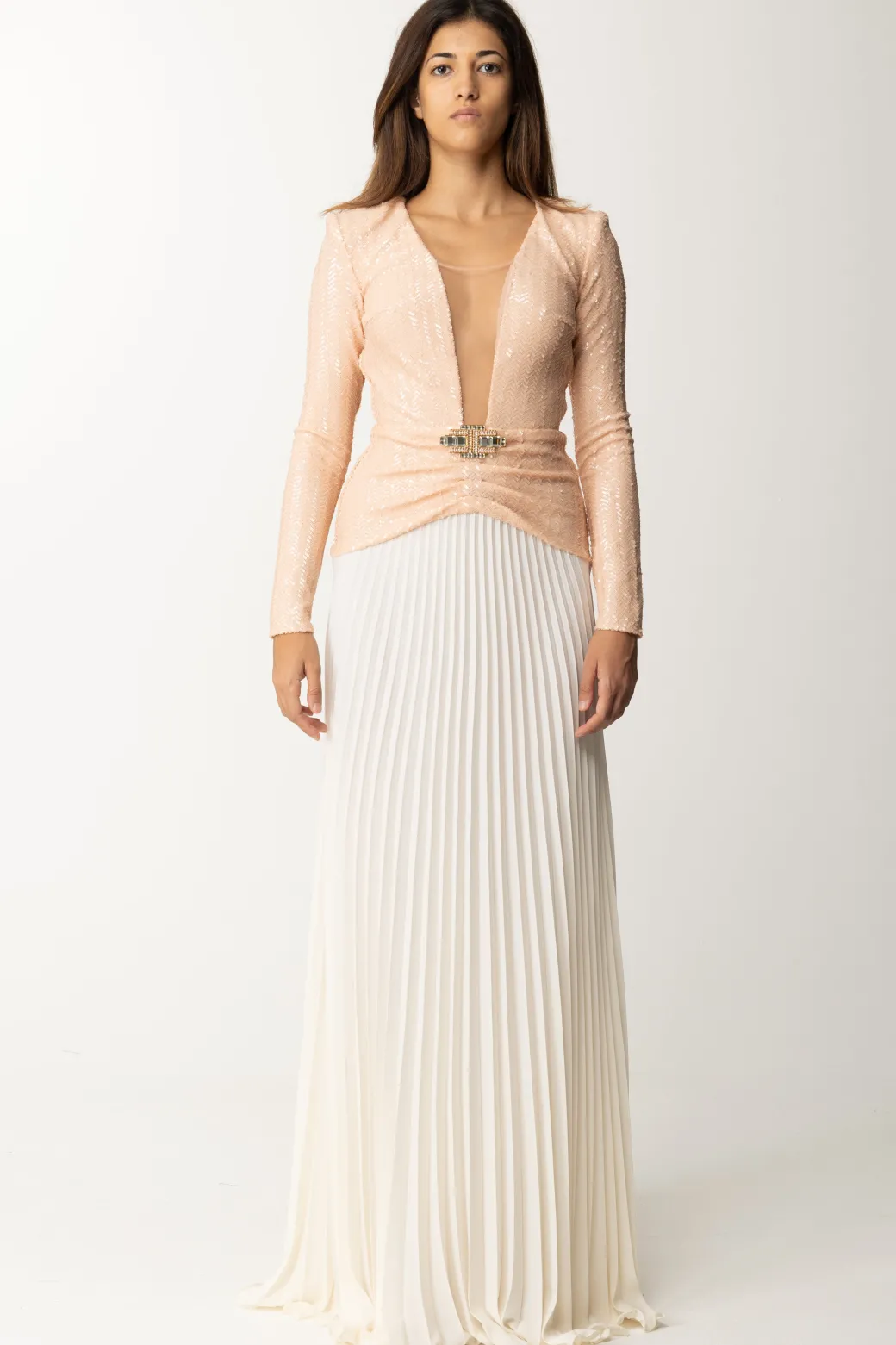 Elisabetta Franchi Abito Red Carpet con Top PaillettatoPORCELLANA/BURRO