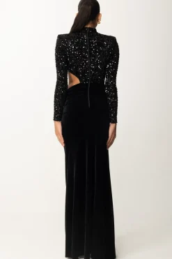 Elisabetta Franchi Abito Red Carpet In Ciniglia Ricamata con Pailettes con Cut-outNERO
