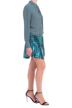 Elisabetta Franchi Abito Chemisier con Cintura e Gonna In PailletesPETROLIO