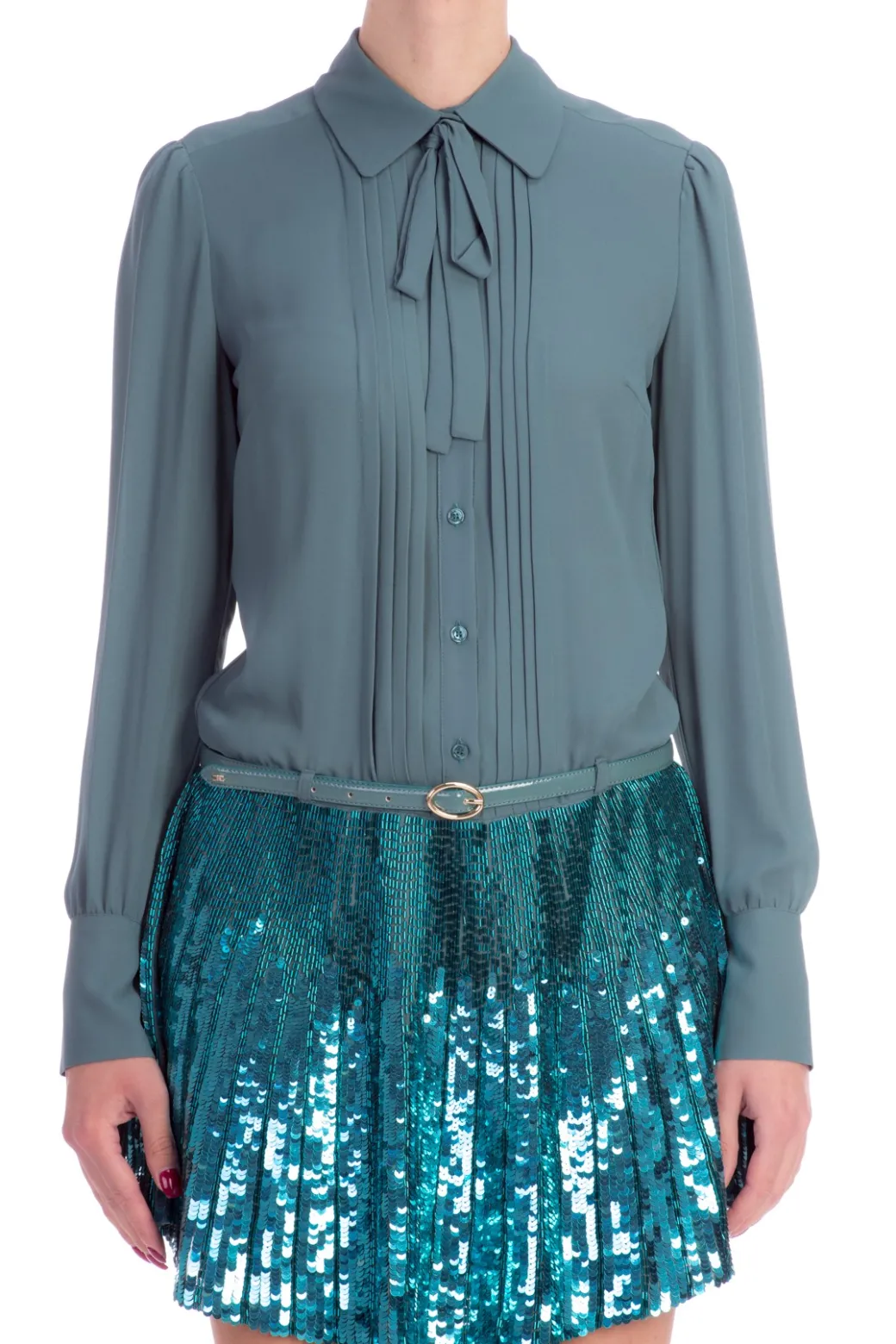 Elisabetta Franchi Abito Chemisier con Cintura e Gonna In PailletesPETROLIO