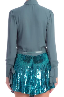 Elisabetta Franchi Abito Chemisier con Cintura e Gonna In PailletesPETROLIO