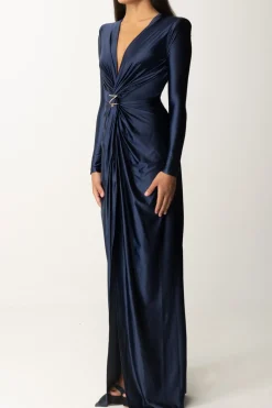 Elisabetta Franchi Abito Red Carpet In Lycra con Nodo e DrappeggioNAVY