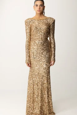 Elisabetta Franchi Abito Red Carpet In Paillettes con Catena e StrassGOLD