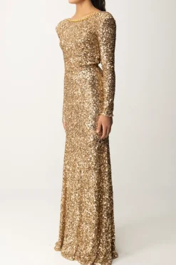 Elisabetta Franchi Abito Red Carpet In Paillettes con Catena e StrassGOLD