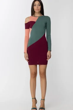 Elisabetta Franchi Abito Tricolor con Spalla Cut-outMOSTO/PETROLIO/BLUSH
