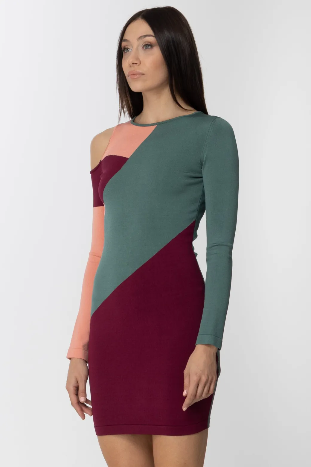 Elisabetta Franchi Abito Tricolor con Spalla Cut-outMOSTO/PETROLIO/BLUSH