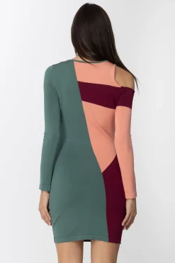 Elisabetta Franchi Abito Tricolor con Spalla Cut-outMOSTO/PETROLIO/BLUSH