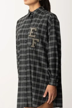 Elisabetta Franchi Abito Camicia In Lana Tartan con Patch RicamatoSTEEL