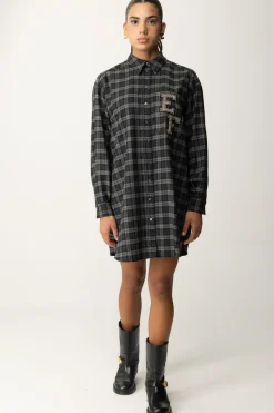 Elisabetta Franchi Abito Camicia In Lana Tartan con Patch RicamatoSTEEL