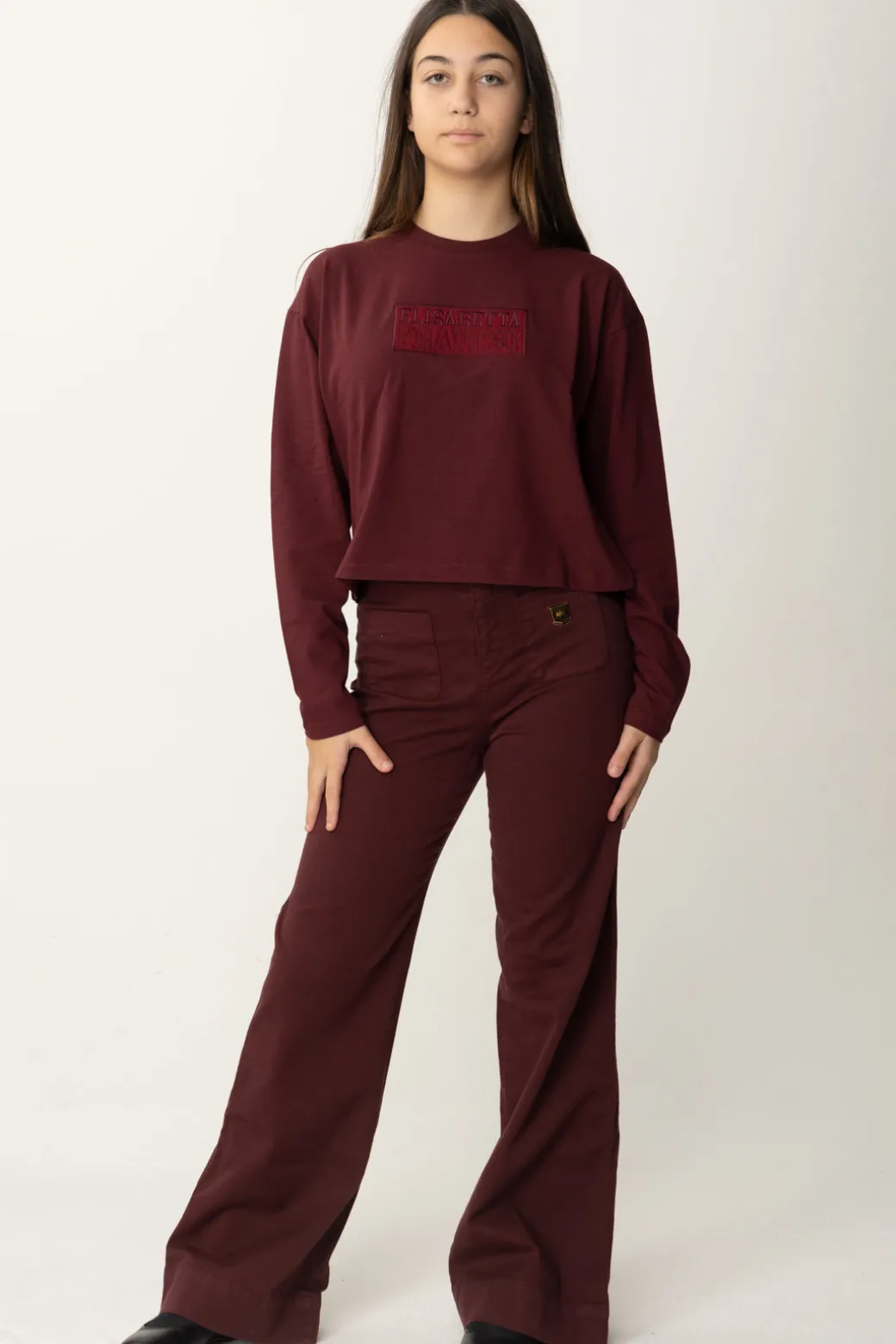 Elisabetta Franchi Bambina T-shirt Crop con Manica Lunga con LogoROUGE NOIR