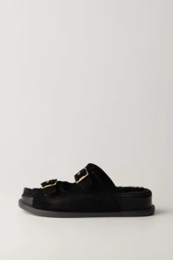 Elisabetta Franchi Bambina Sandali a Ciabatta con Fibbie e PelliccettaNERO