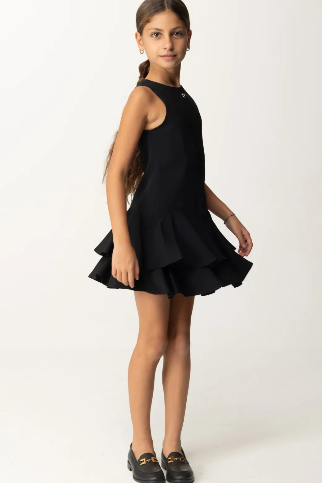 Elisabetta Franchi Bambina Abito In Crepe con Balze e Placchetta LogoNERO