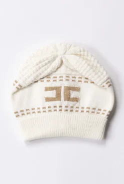 Elisabetta Franchi Bambina Berretto Tricot con Logo a ContrastoIVORY/SAND