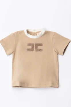 Elisabetta Franchi Bambina T-shirt con Colletto a Contrasto e LogoIVORY/SAND