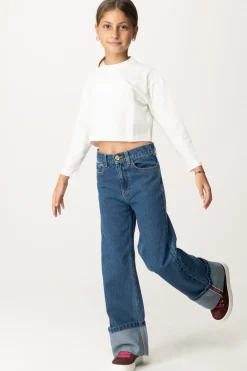 Elisabetta Franchi Bambina T-shirt Crop con Manica Lunga con LogoPANNA CHIARO