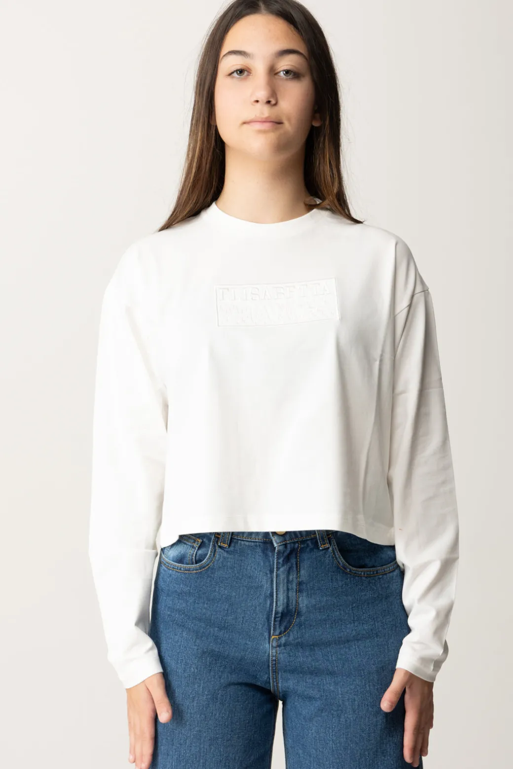 Elisabetta Franchi Bambina T-shirt Crop con Manica Lunga con LogoPANNA CHIARO