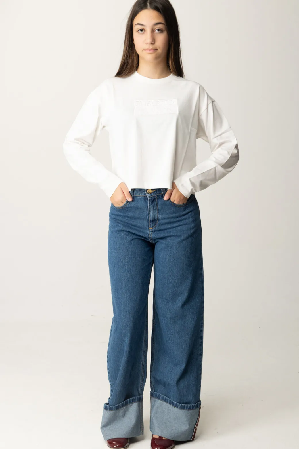 Elisabetta Franchi Bambina T-shirt Crop con Manica Lunga con LogoPANNA CHIARO