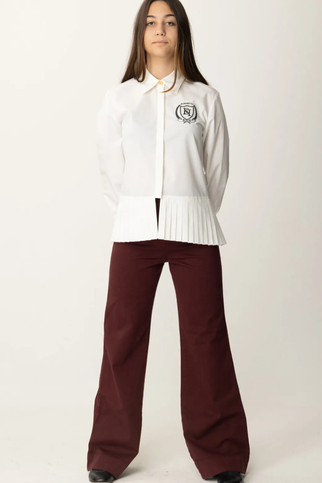 Elisabetta Franchi Bambina Camicia In Popeline con Plissé e Ricamo LogoAVORIO/NERO