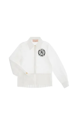 Elisabetta Franchi Bambina Camicia In Popeline con Plissé e Ricamo LogoAVORIO/NERO