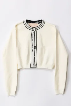 Elisabetta Franchi Bambina Cardigan Tricot con Bande LogateBUTTER/BLACK