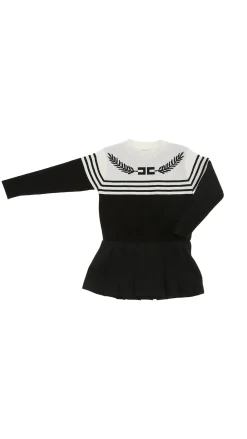 Elisabetta Franchi Bambina Abito In Maglia con Logo e Gonna a PiegheBURRO/NERO