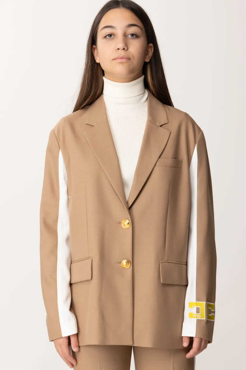 Elisabetta Franchi Bambina Giacca con Bande a Contrasto e Logo Sulla ManicaCAMEL/AVORIO/MIMOSA-AVORIO