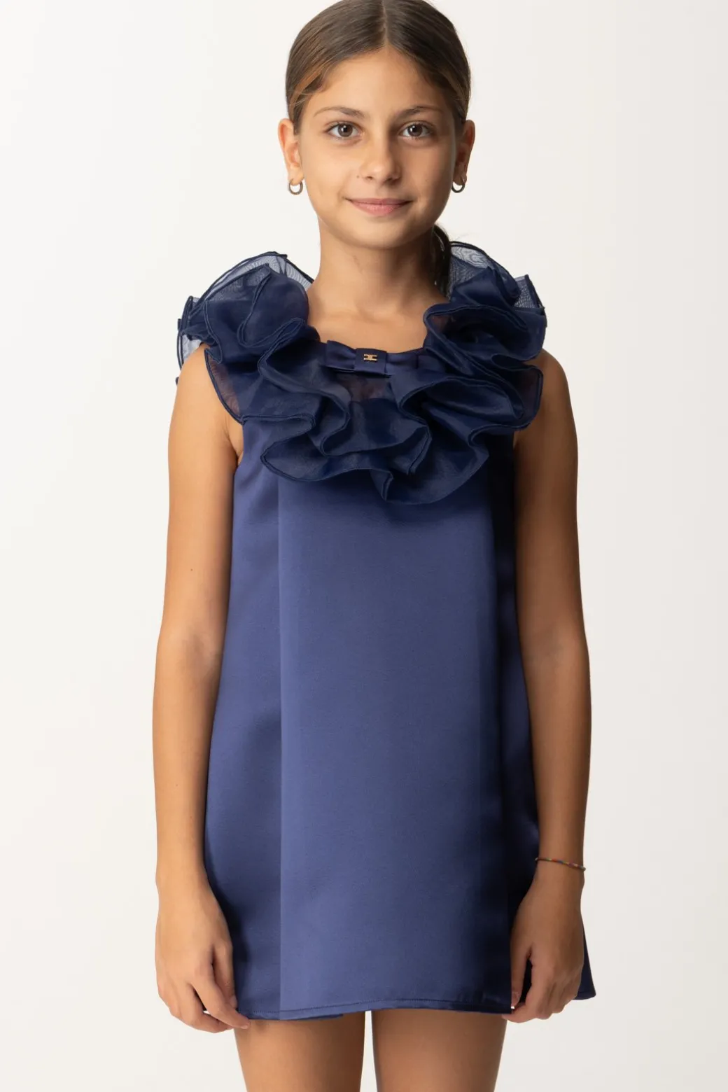 Elisabetta Franchi Bambina Abito In Duchesse con Colletto VolantBLU NAVY