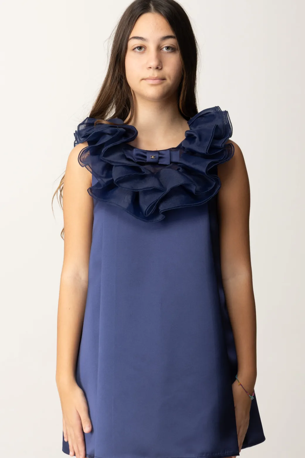 Elisabetta Franchi Bambina Abito In Duchesse con Colletto VolantBLU NAVY