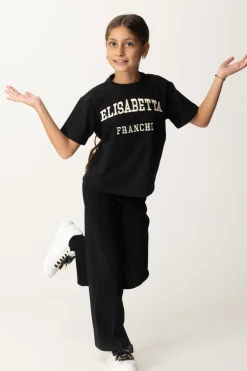 Elisabetta Franchi Bambina T-shirt Over con Ricamo Logo In Stile CollegeNERO/RICAMO BURRO-NERO