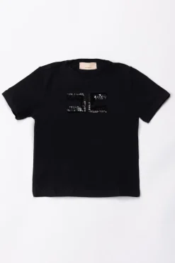 Elisabetta Franchi Bambina T-shirt con Logo In PaillettesBLACK