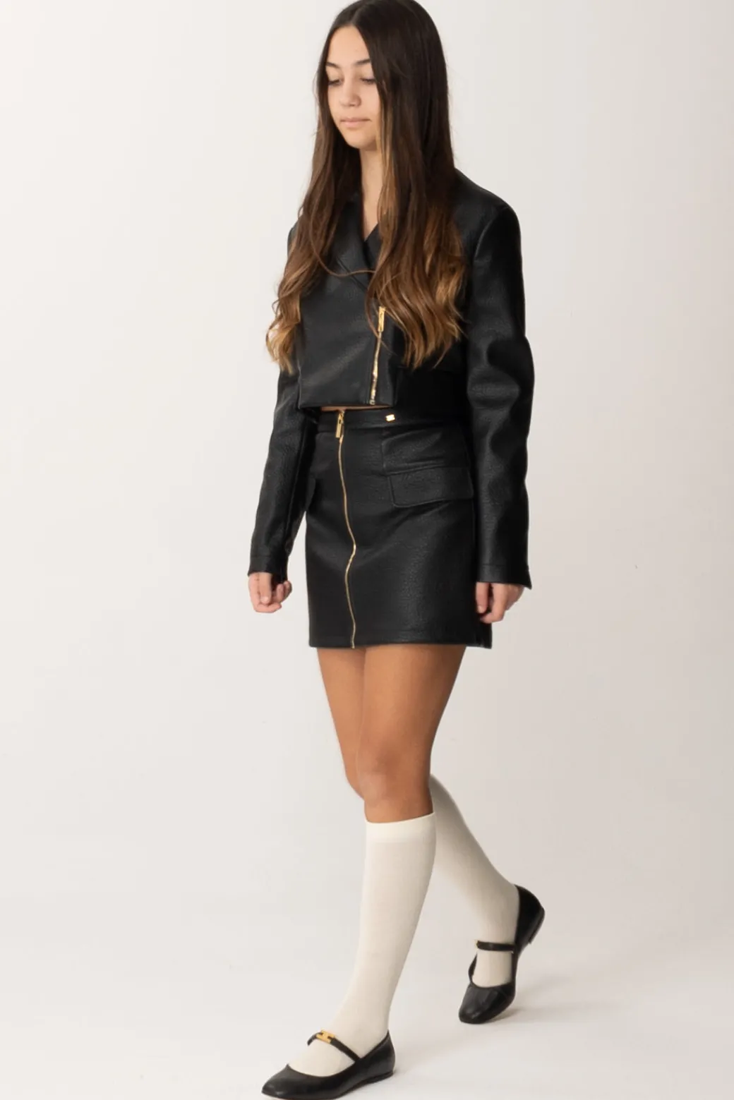 Elisabetta Franchi Bambina Minigonna Full Zip In EcopelleNERO