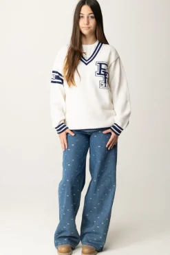 Elisabetta Franchi Bambina Maglione Scollo a V con Logo EfBURRO/NAVY