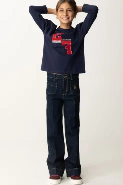 Elisabetta Franchi Bambina T-shirt Manica Lunga con Ricamo LogoNAVY/RED PASSION-AVORIO