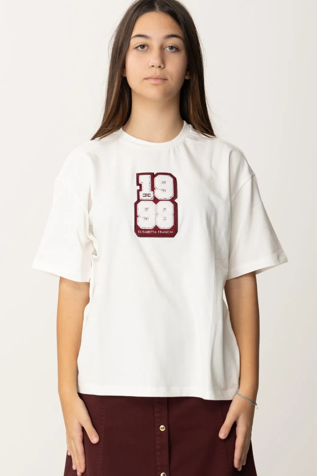 Elisabetta Franchi Bambina T-shirt con Toppa "1998"AVORIO RICAMO ROUGE NOIR
