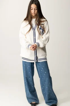 Elisabetta Franchi Bambina Cardigan In Lana Merinos con Ricamo LogoBURRO/NAVY