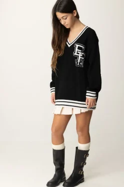 Elisabetta Franchi Bambina Maglione Scollo a V con Logo EfNERO-BURRO