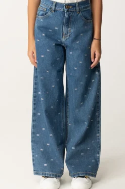 Elisabetta Franchi Bambina Jeans Wide Leg con Applicazione Strass LogoBLU