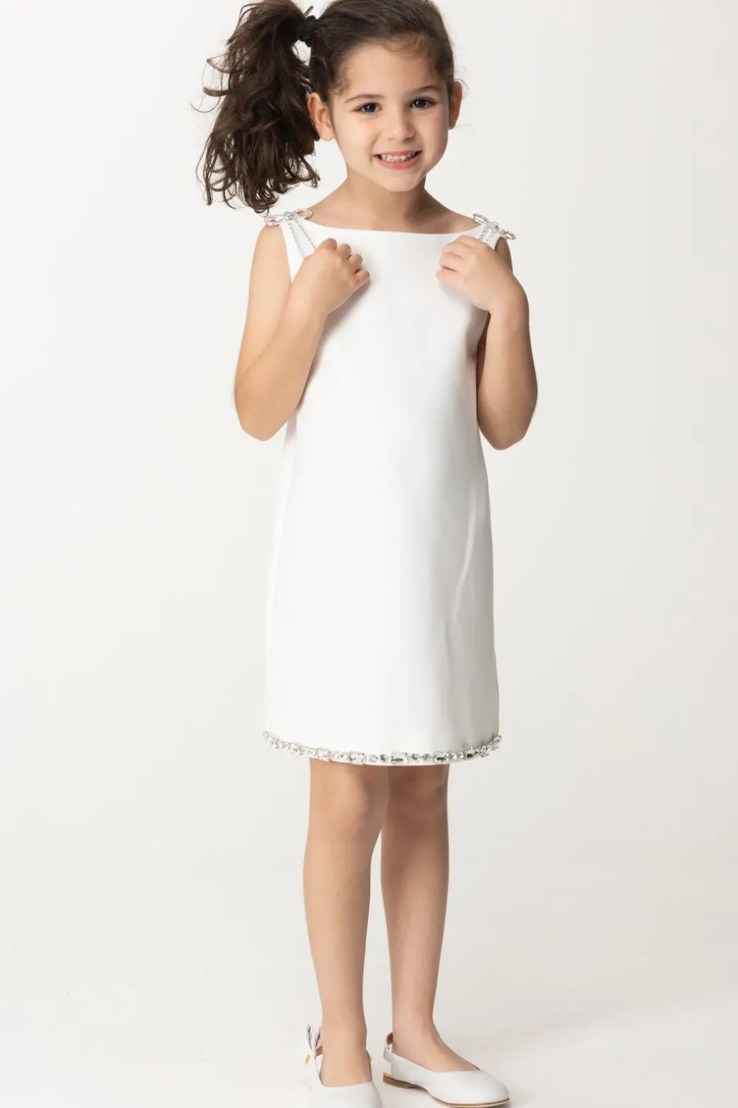 Elisabetta Franchi Bambina Abito con Ricamo Di Castoni e FiocchiLIGHT CREAM